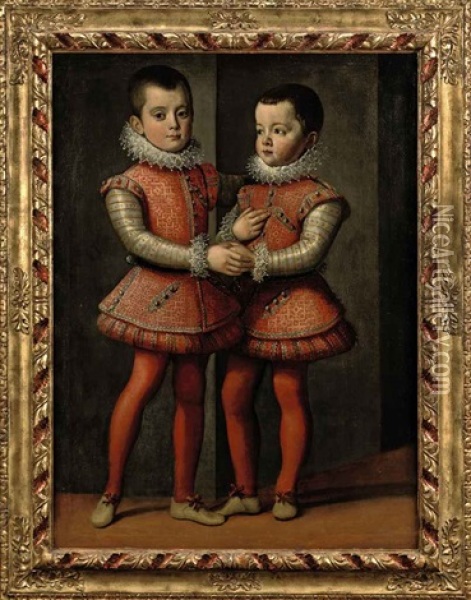 Portrait Of Vittorio Amedeo And Emanuele Filiberto, Dukes Of Savoy, In Red And Silver Costumes With Red Hoses, Lace Collars And Cuffs Oil Painting - Jan Kraek