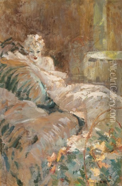Young Woman On A Sofa Oil Painting - Louis Icart