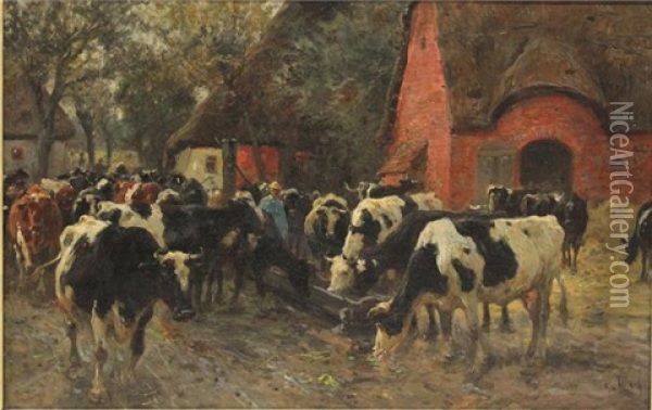 Hirte Mit Seiner Kuhherde Auf Dorfstrase Oil Painting - Georg Karl Koch