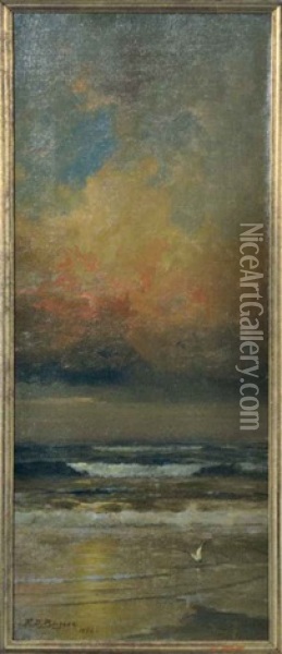 Sunset On The Breakers (+ Moonlit Boat; 2 Works) Oil Painting - Franklin Dullin Briscoe