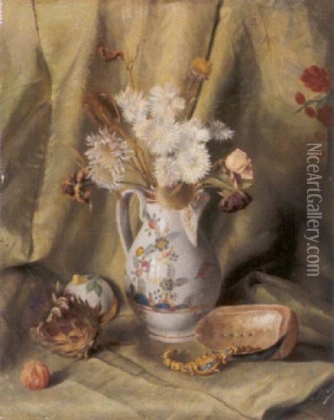 Stilleben Mit Getrockneten Blumen In Porzellankanne Oil Painting - Hermann Ritschl
