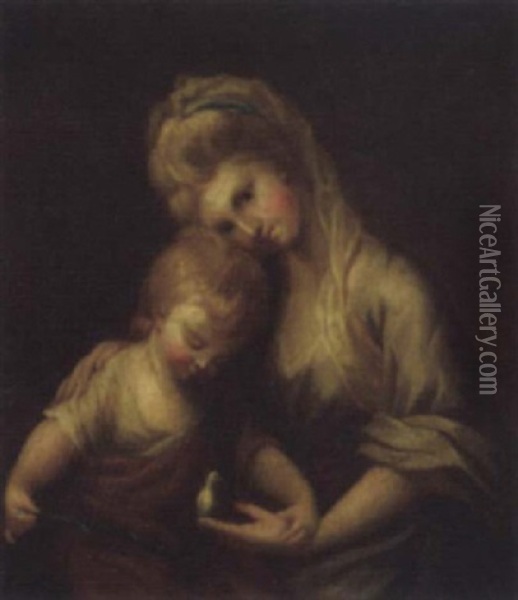 Mother And Child Holding A Pet Bird Oil Painting - George Romney