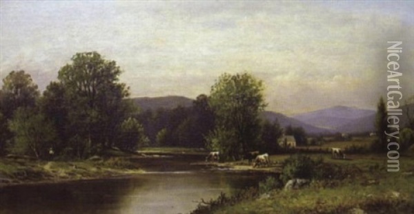 Pastoral Landscape With Cows And Boy With Fishing Pole Oil Painting - Charles Wilson Knapp