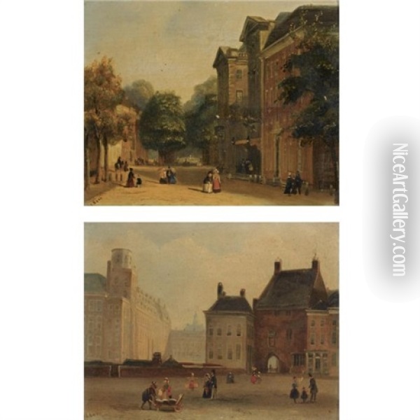 A View Of The Korte Voorhout Towards The Haagse Comedie, The Hague (+ A View Of The Buitenhof With The Gevangenpoort, The Hague; Pair) Oil Painting - Carel Jacobus Behr