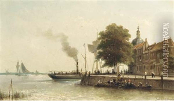 Aan De Kade: A Steamship Passing The Groot Hoofd, Dordrecht Oil Painting - Johannes Hermanus Barend Koekkoek