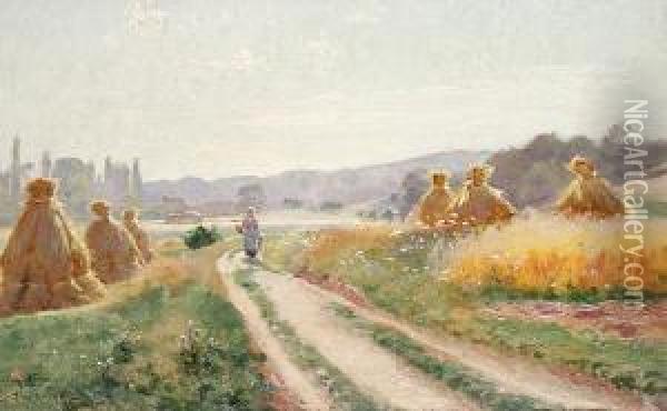 A Walk Through The Haystacks Oil Painting - Albert Gabriel Rigolot