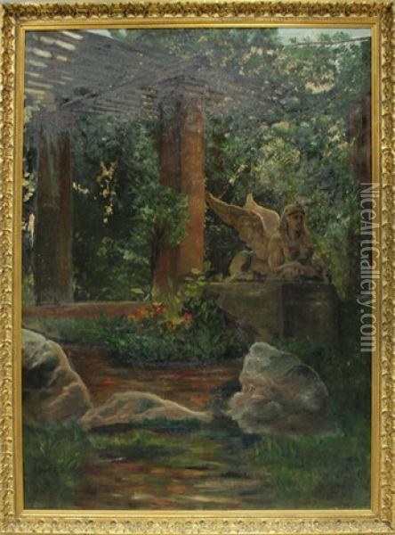 Sonnendurchflutete Gartenterrasse Mit Skulptur Einer Sphinx Oil Painting - Johann Frank Kirchbach