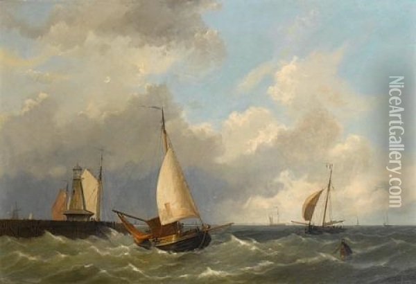 Small Craft Caught In A Stiff Breeze Off The Harbour Mouth Oil Painting - Hermanus Koekkoek the Younger