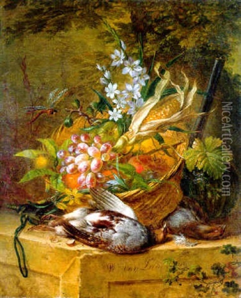 Corn, A Sprig Of Flowers, Grapes And Other Fruit In A Basket On A Stone Ledge With A Gun, A Brace Of Partridge And A Pouch Nearby And A Dragonfly Hovering Above Oil Painting - Willem van Leen