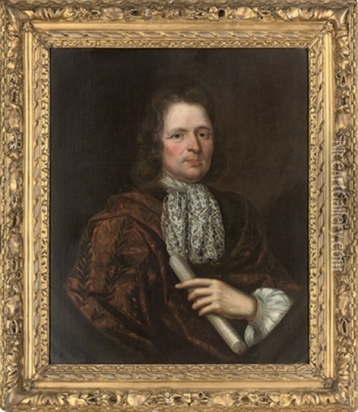 Portrait Of A Gentleman In A Brown Silk Robe And Lace Cravat Oil Painting - John Riley