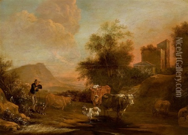 Herdsmen Scenery Oil Painting - Johannes van der Bent