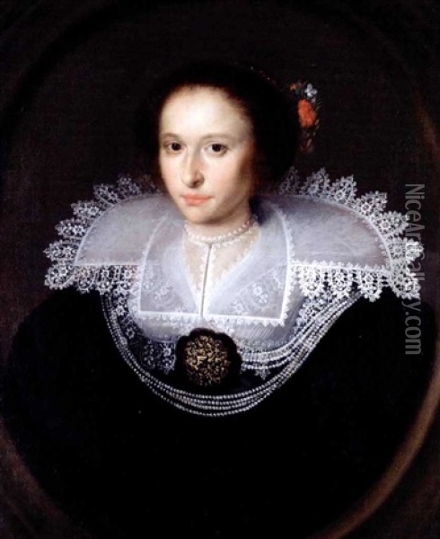 Portrait Of A Young Lady, Half Length, Wearing Black With An Elaborate White Ruff Oil Painting - Paulus Moreelse