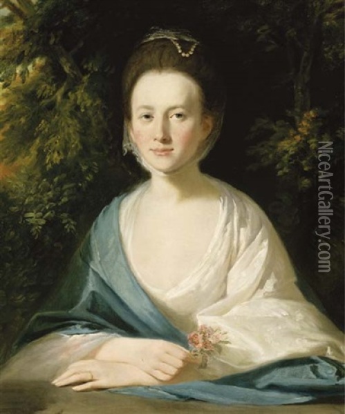 Portrait Of Miss Hippisley In A White Dress And Blue Shawl, Holding A Bunch Of Flowers Oil Painting - Tilly Kettle