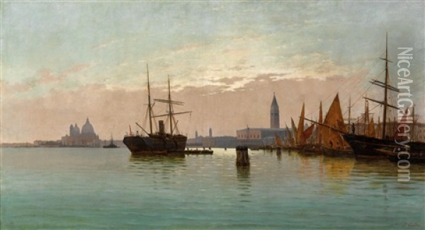 At The Entrance To The Grand Canal In Venice, On The Left The Punta Della Dogana And Santa Maria Della Salute, And Right The Piazza San Marco Oil Painting - Pietro Galter