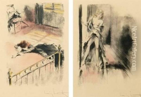 Partially Robed Woman In Hall And Woman Crying On Bed: Two Works Oil Painting - Louis Icart