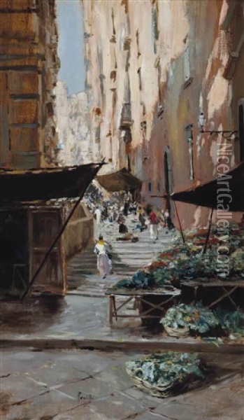 A Market On The Steps, Porta Lucia, Naples Oil Painting - Attilio Pratella