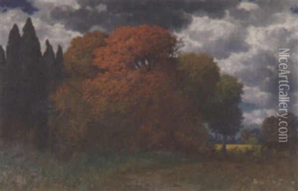 Baume Mit Herbstfarbung Im Hintergrund Zypressen Oil Painting - Eduard Ruedisuehli