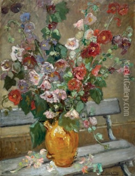 Bouquet De Roses Tremieres Sur Un Banc Oil Painting - Jacques Martin