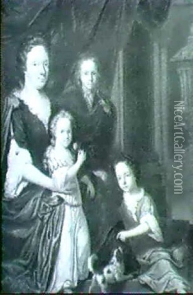 Portrait Of A Seated Lady And Her Children Before A Red     Drape And Classical Statuary Oil Painting - Hendrick ten Oever