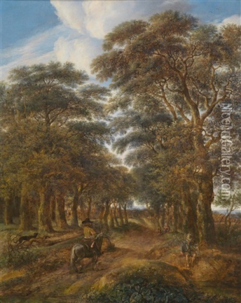 Eine Waldlandschaft Mit Reiter Und Einem Angler An Einem Teich Oil Painting - Pieter Jansz van Asch