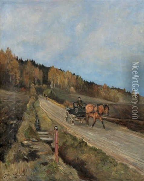 On The Road With Horse And Carriage Oil Painting - Gerhard Peter Franz Vilhelm Munthe