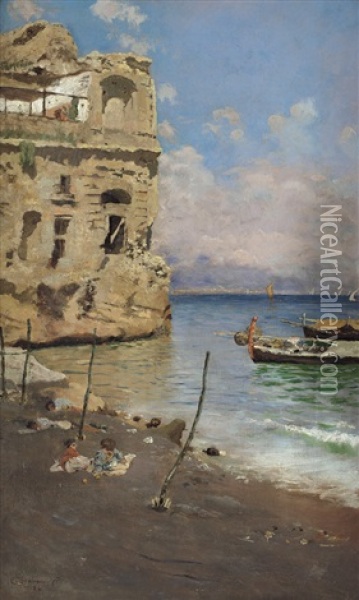 Marina Con Bambini In Riva Al Mare Oil Painting - Carlo Brancaccio