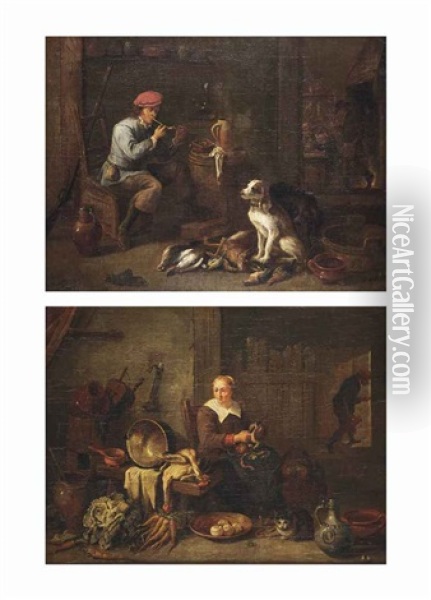 An Interior With A Seated Hunter Smoking A Pipe Beside His Dogs...; An Interior With A Seated Kitchen Maid Peeling Apples With A Cat... (pair) Oil Painting - David Teniers Iv