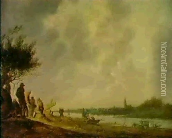 Flusslandschaft Mit Fischern Im Hintergrund Eine Stadt Oil Painting - Anthony Jansz van der Croos