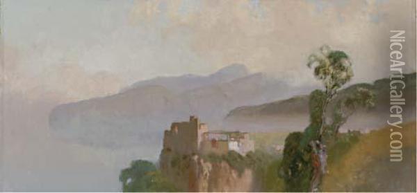 An Old Fortress Overlooking The Sorrentine Coastline Oil Painting - Edoardo Dalbono