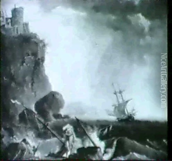 Felsige Kustenlandschaft Mit Gestrandetem Schiff Oil Painting - Charles Francois Lacroix