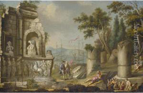 A Coastal Landscape With Figures Excavating Classical Ruins Oil Painting - Pietro Fabris