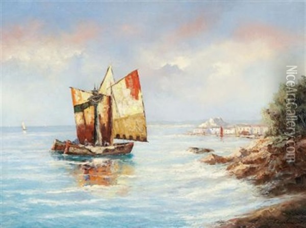 Sailboat Off Shore Oil Painting - Georgi Alexandrovich Lapchine