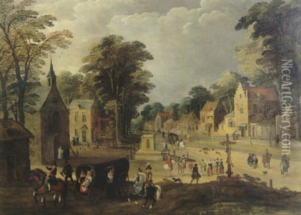 Scene De Village Avec Des Cavaliers Oil Painting - Joos de Momper the Younger