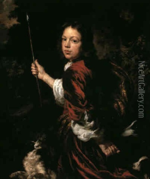 A Portrait Of A Young Man, Three Quarter Length, Carrying A Hunting Spear And Accompanied By Three Hounds Oil Painting - Nicolaes Maes
