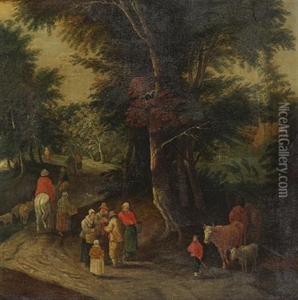 A Wooded Landscape With Figures, Cattle And Sheep On A Hillside Path Oil Painting - Karel Beschey