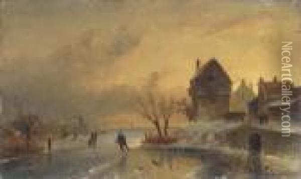 Skaters On A Frozen River At Dusk Oil Painting - Charles Henri Leickert