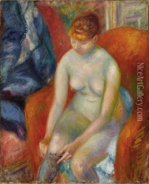 Nude Pulling On Stocking - Nude With Red Hair Oil Painting - William Glackens