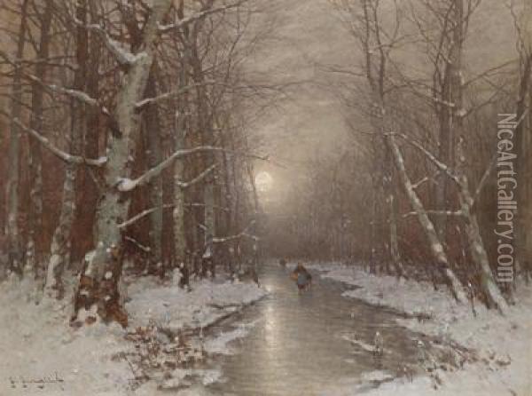 Abendliche Winterlandschaft Mit Einer Reisigsammlerin Oil Painting - Johann Jungblutt