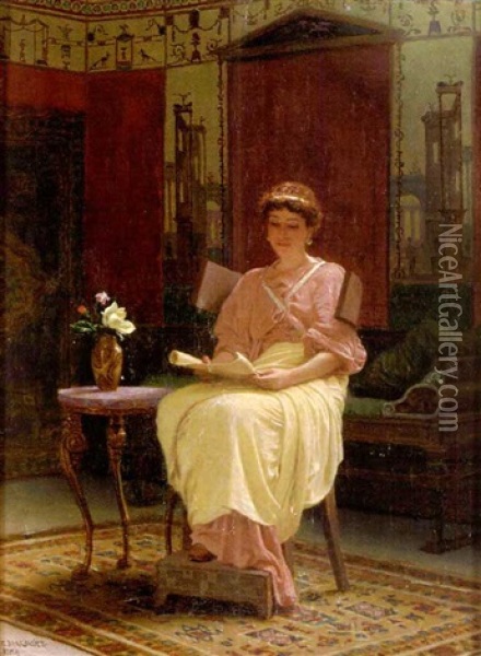 A Lady Reading In A Pompeian Interior Oil Painting - Ladislaus Bakalowicz
