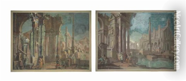 A Capriccio Of Classical Ruins With Figures Resting By A Canal, A Church Beyond (+  An Architectural Capriccio With Figures Conversing Among Ruins (pair) Oil Painting - Pietro Paltronieri