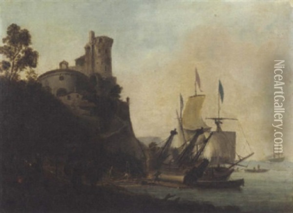 A Mediterranean Port Scene With A Ship Being Caulked Oil Painting - Adriaen Van Der Cabel