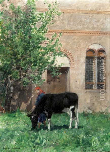 Contadina Con Mucca Oil Painting - Alberto Pasini