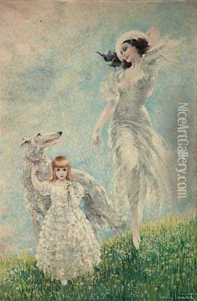 Elegante Et Fillette Au Levrier Oil Painting - Louis Icart