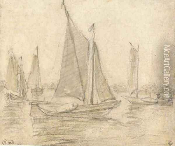 Four sailing boats on a broad river Oil Painting - Dutch School