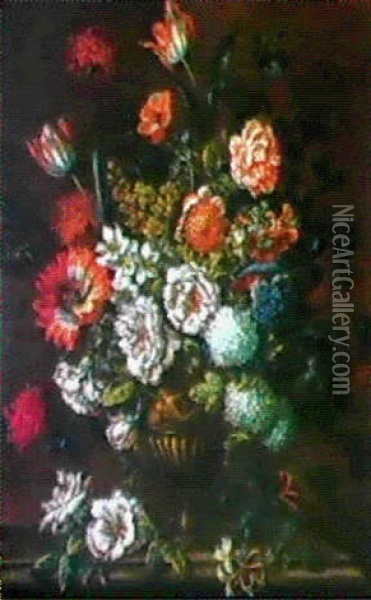 Grosser Dekorativer Blumenstrauss In Einer Plastisch        Verzierten Metallvase Oil Painting - Pieter Casteels III