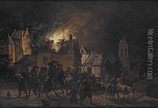 A Village By Night With A House Burning In A Town Oil Painting - Egbert Lievensz van der Poel