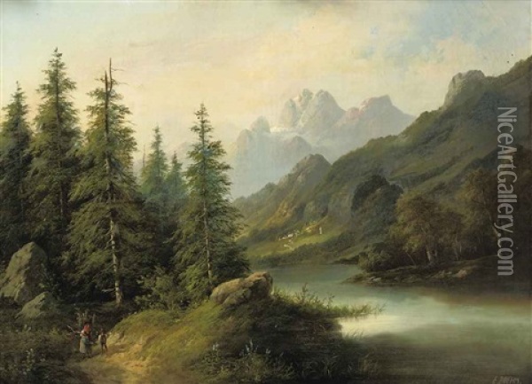 Wanderers In A Forest Landscape Oil Painting - Eduard Boehm