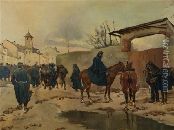 Retreating Troops Oil Painting - Josep (Jose) Cusachs y Cusachs