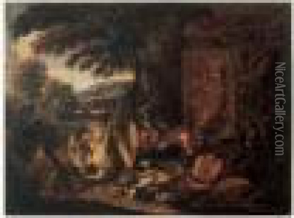 Trophee De Chasse Aux Melons Dans Un Paysage Oil Painting - Adriaen de Gryef