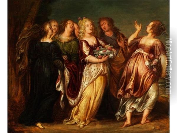 Junge Herrscherin Im Gefolge Von Sechs Madchen, Eine Schale Mit Blumen Tragend Oil Painting - Abraham Janssens